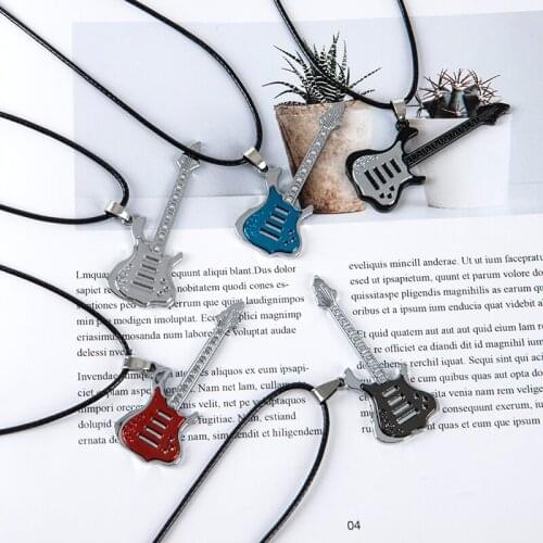 Stainless Steel Necklace Pendant Punk Rock Music Jewelry Gif Trendy Leather Chain Guitar Necklace For Men Wholesale