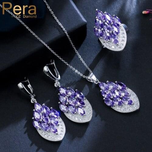 Pera 7 Colors 925 Sterling Silver Purple CZ Crystal Bohemian Pendant Necklace Earrings Set for Women Summer Party Jewelry J158