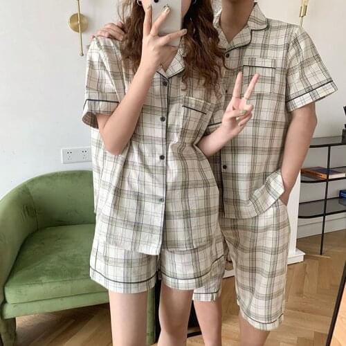 Couple Pajamas Sets Loose Cotton Pajamas Womens Men 2021 Summer New Korean Short Sleeve Nightwear Home Suit Lady Sleepwear