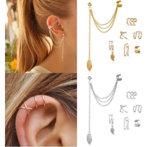 7pcs Fashion Gold Star Leaves Non-Piercing Ear Clip Earrings For Women Simple Fake Cartilage Ear Cuff Jewelry Clip Accessories
