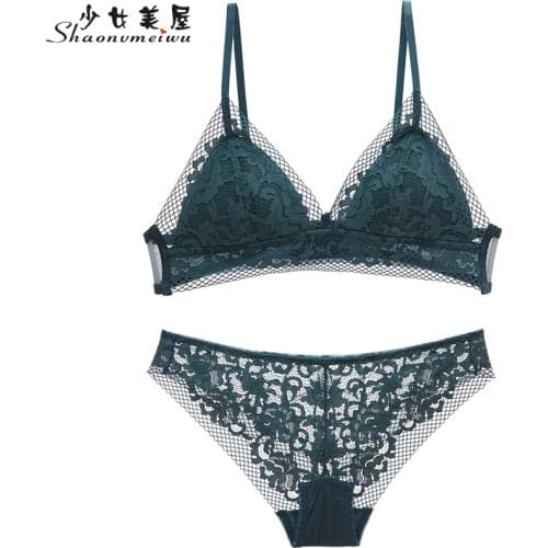 Shaonvmeiwu Sexy lace triangle cup without steel rim popular green thin womens small bra set bra