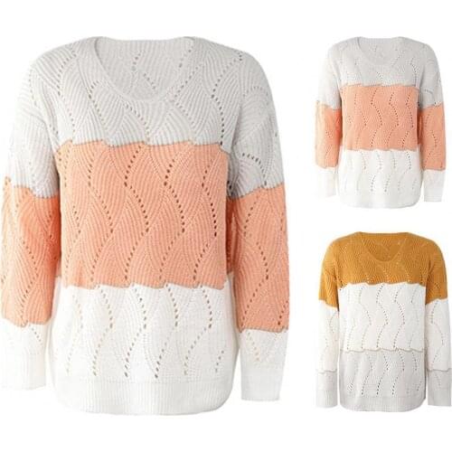 Women Fashion Casual Sweater Color Block Hollow Out Autumn Winter O Neck Long Sleeve Knitted Pullover Top Streetwear Daily