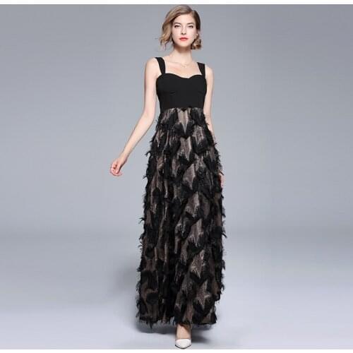 Runway Designer 2021 Summer Women Sleeveless Feathers Patchwork Evening Party Long Dress Elegant Love Tassel Maxi Dress
