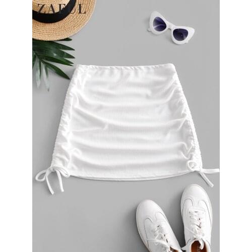 ZAFUL Ribbed Cinched Side Mini Skirt Women Bikini Bottom Cover Ups Casual Solid Skirts Female Summer Beachwear Streetwear White