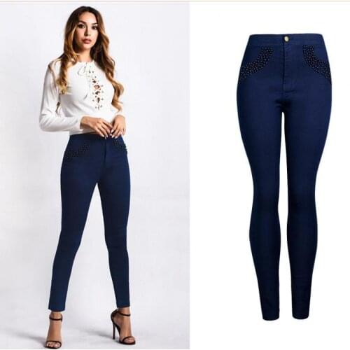 2021 Plus Size Female Denim Pants Purplish Blue Womens Jeans Pencil Stretch Slim Casual Pants For Women With Beaded Candy Pants