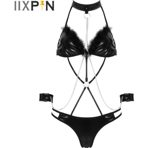 Womens Patent Leather Lingerie Set Metal Chain Decor Sexy Strappy Jumpsuit Halter Feather Trim Bra G-string Thong With Wristband