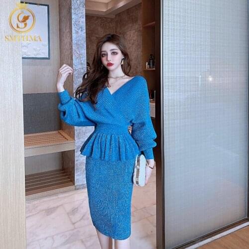 SMTHMA New Autumn Winter Women Two Piece Set Shinning Knitted Bat Sleeve Sweater + High Waist Bodycon Skirt Suits