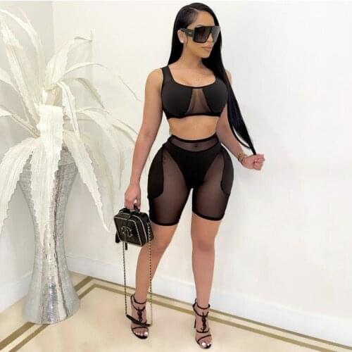 2021 Best Quality Famous Brand 2 pcs Women Set Solid O-neck Sleeveless Short Tops and Shorts Summer Elastic Outfits