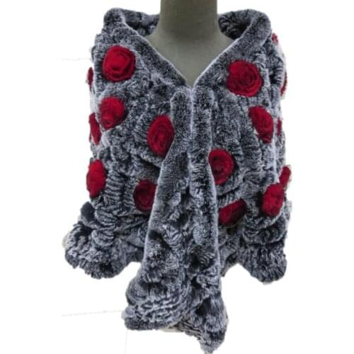 Women Real Rex Rabbit Fur Cape Coat Female Knitted Semicircle Rose Poncho Lady Winter Warm Wraps 2Colors