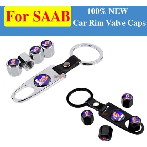 1set Blue Auto Logo Black Car Wheel Tire Valve Stem Caps Key Ring + Leather Accessory for 9-3 9-5 93 95 BJ SCS Car Accessories