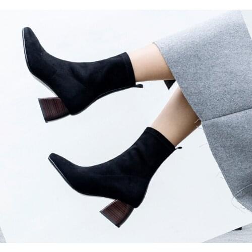 2020 new winter High heels suede square toe thick heel womens fashion boots slip-on solid black Stretch boots women shoes 4043