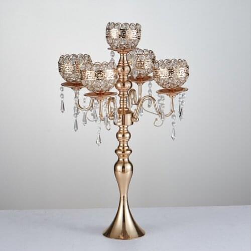 63 cm Tall 5-arms Metal Gold Candelabras With Pendants Romantic Wedding Table centerpieces Candle Holder Home Decoration