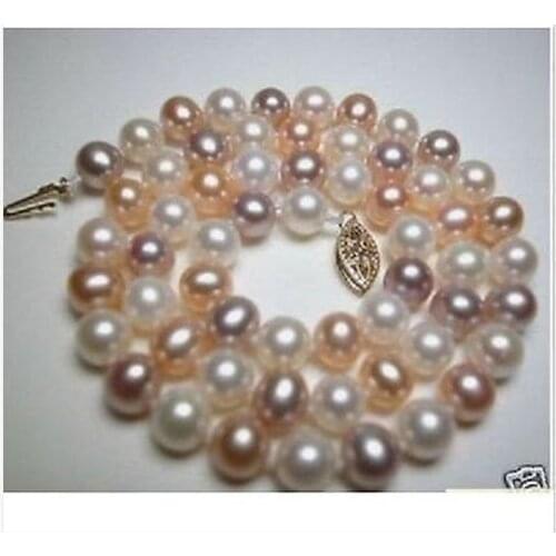 Elegant 8-9mm freshwater round multicolor pearl necklace 18inch 14k/20