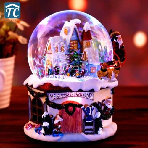 Christmas Ball with Snow Resin Music Box Crystal Ball Snow Globe Glass Lights Gift With Spinning Crafts Desktop Decoration