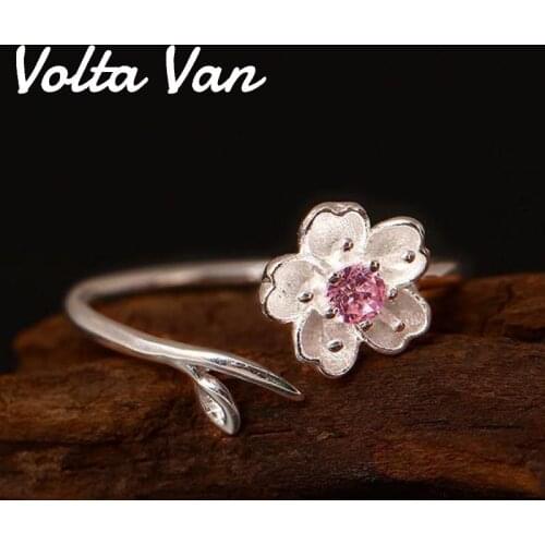 Volta Van 925 Sterling Silver Rings Zircon Fine Jewelry 2021 New Pink Romantic Sakura Branches Concise Fashion Opening Rings