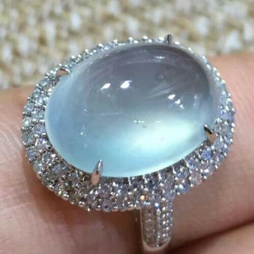 Luxury Big Blue Oval Moonstone Ring For Women Girl Fashion Crystal Silver Color Rings Wedding Engagement Jewelry Anillos Mujer