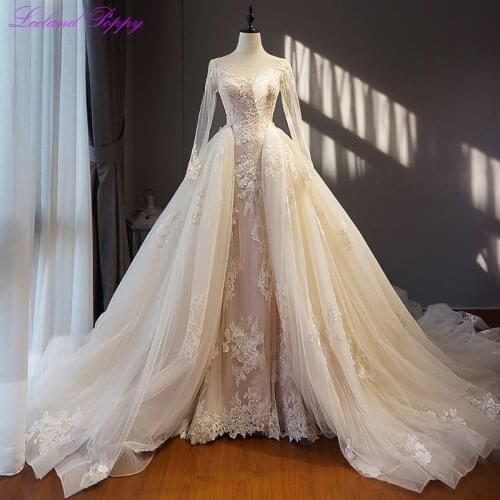 Lace Appliques Scoop Neck 2 in 1 Wedding Dresses 2020 Long Sleeves Detachable Train Vestido de novia Beaded Bridal Gowns