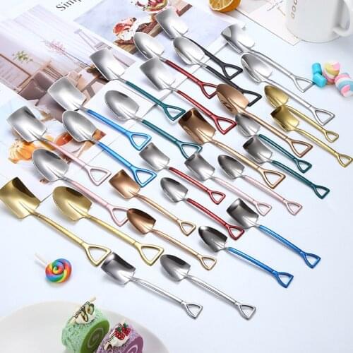1Pc 122mm Stainless Steel Iron Shovel Spoon Coffee Ice Cream Spoon Retro Cute Square Head Spoon Multifunctional Tableware Tools
