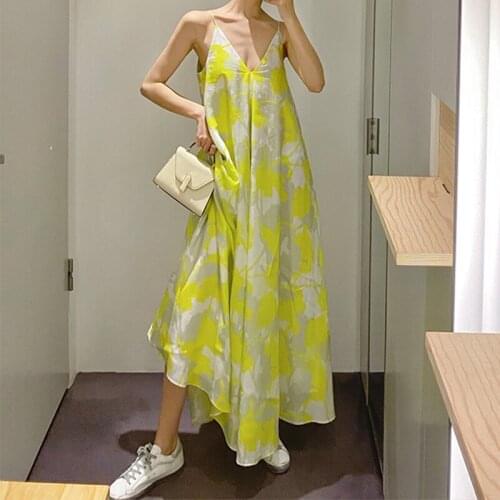 Fashion Korean Vintage Sexy Strap Sleeveless Maxi Party Dress Ladies Elegant Casual Backless Print Loose Beach Vacation Dress