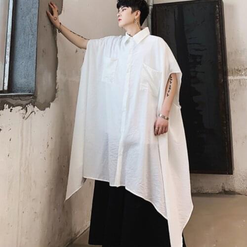 Mens medium and long short sleeve shirt Mens large bat sleeve large size fashion trend Pure color casual shirt