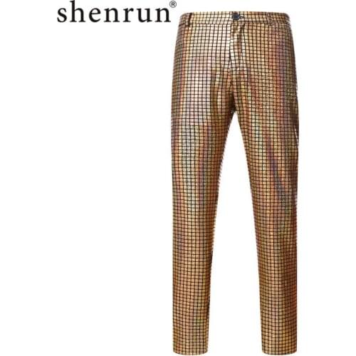 Shenrun Men Pants New Fashion Cool Gold Stamping Casual Trousers Glossy Night Club Hip Hop Costume Stage Dress Ball Singer Prom