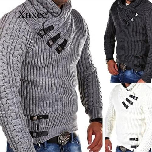 Mens Sweater Fashion Solid Color Leather Buckle Stitching Long Sleeve Slim Sweaters For Men Autumn Winter Male Knitted Pullover