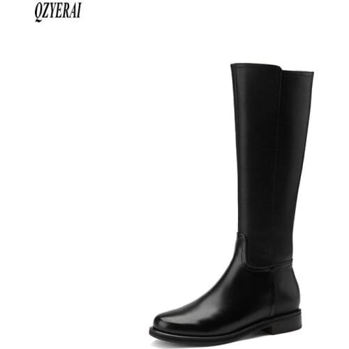 2020 new Women boots knee boots Genuine leather Motorcycle boots black Side zipper autumn winter cowhide Women shoes