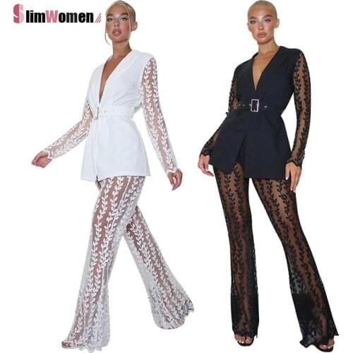 Mesh Lace Floral See Through Formal Two Piece Set Autum Long Sleeve Jacket Wide Leg Pants Matching Set Overalls Blazer with Belt