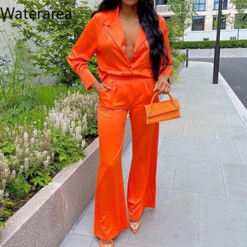Waterarea Orange Satin 2 Two Piece Long Set Fall Sexy Club Outfits for Women Matching Sets