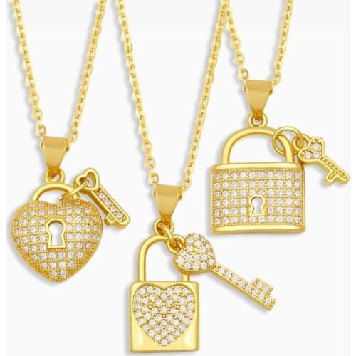 FLOLA White Stone Heart Lock Necklace For Women Micro Pave Padlock Necklace Pendant Gold Plated Jewelry Valentines Gifts nket45