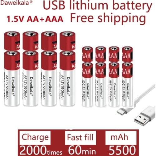 AA + AAA 2021 new large capacity 5500mah rechargeable lithium ion battery AA 1.5V USB fast charging lithium ion battery