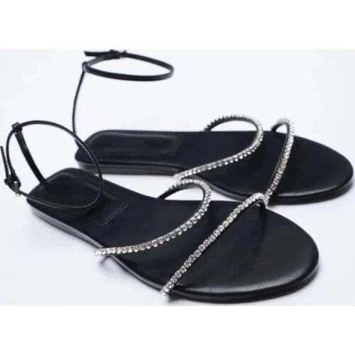 ZAR 2021 Summer New Black Fashion Round Toe Flat Sandals Sexy Rhinestone Outer Wear Muller Sandals And Slippers Women Chaussure