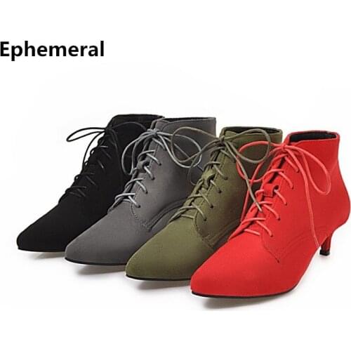 Ladies Thin Heel Boots Lace-up Shoes High Top Winter Botas For Women Pointed Toe Pumps Plus Size 43 48 Black Green Flock Green