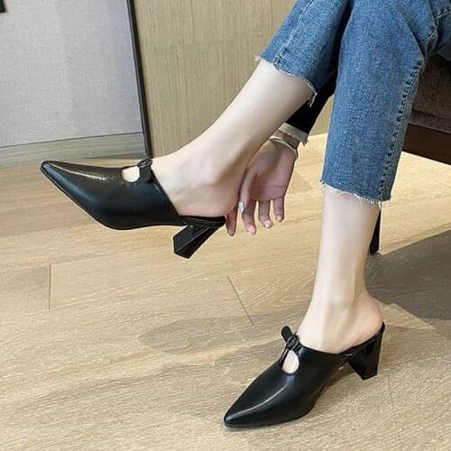 2021 Spring Women High Heels Slippers Pointed Toe Dress Shoes Buckle Pumps Black Sexy Heels Shoes White Slides Summer 8997G