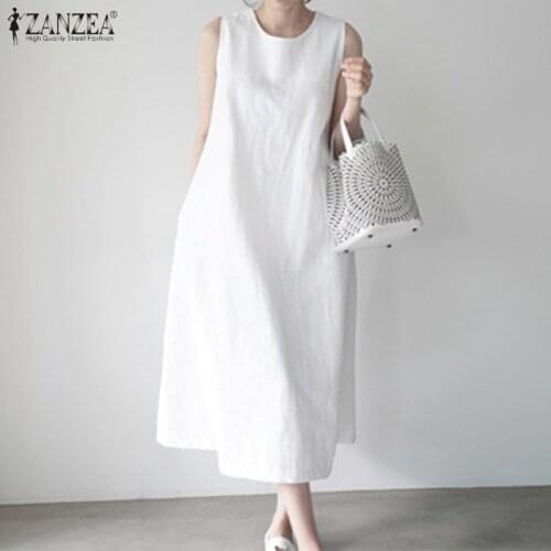 5XL Women Summer Sleeveless Dress Plus Size ZANZEA Casual Loose Maxi Vestidos Beach Robe 2021 Ladies Solid O-neck Long Sundress