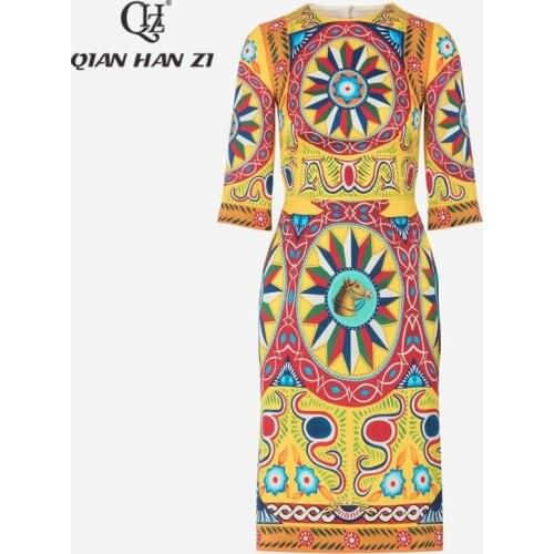 Qian Han Zi spring summer designer fashion dress Three Quarter Retro pattern printing Slim bodycon Dresses Womens New 2021