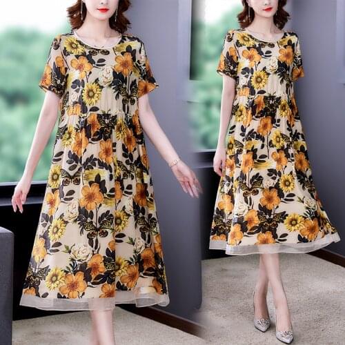 2021 Vintage Print Mulberry Silk Midi Dress Summer Beach Casual Floral Chiffon 4XL Sundress Women Elegant Bodycon Party Vestidos