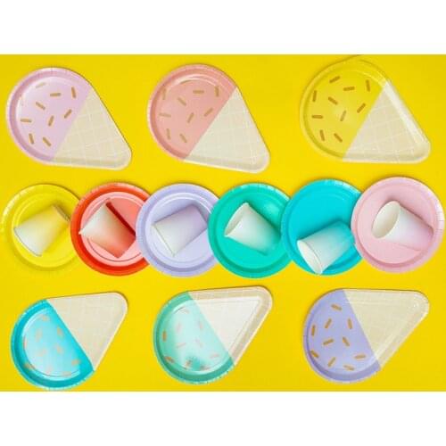 40pcs/set Cartoon Multicolor Disposable Tableware Ice Cream Shape Paper Plates Cups Kids Birthday Party Supplies Wedding Decor