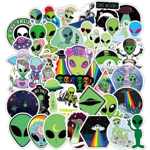 50PCS Outer Space Stickers Alien UFO Astronaut Green Sticker To Laptop Cup Car Motorcyle Notebook Kids Classic Children Toy F4