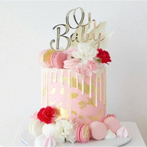 New OH Baby Acrylic Cake Topper Gold Silver Wedding Cake Topper Flags For Baby Shower Girls Kids Birthday Party Cake Decorations