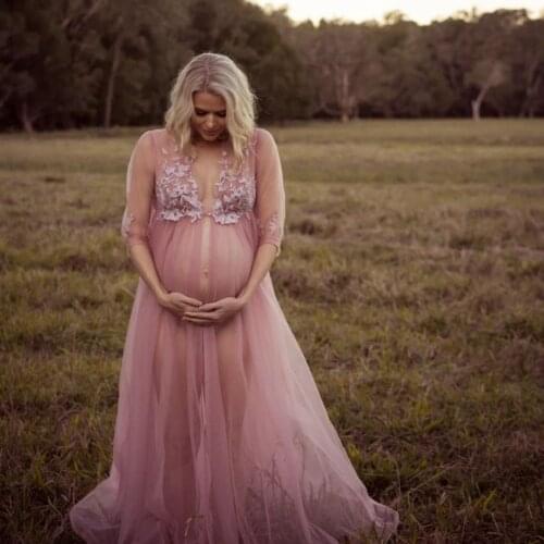 Sexy Pink Maternity Gowns For Photoshoot V Neck Appliqued Soft Tulle Maternity Dresses Photography Pregnancy Women Long Dress