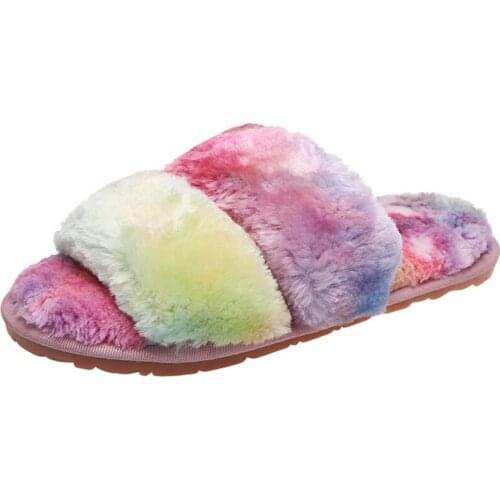 Indoor Women Fur Slippers Fluffy Furry Slides Thick Flats Heel Non Slip House Shoes Woman Autumn Winter Home Footwear WSH4042