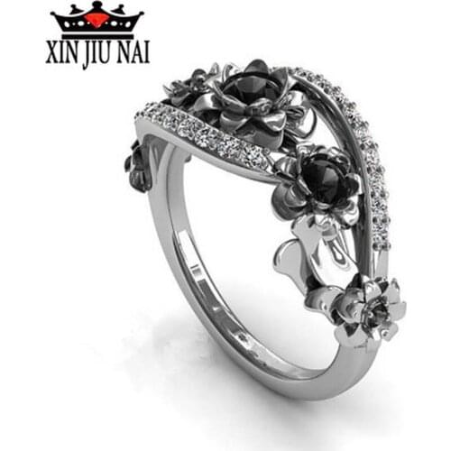 Unique Silver Color Crystal Ring Gothic Black Death Rose Ring, Black Rose Army Flower Ring Dinner Party Halloween Jewelry Girl