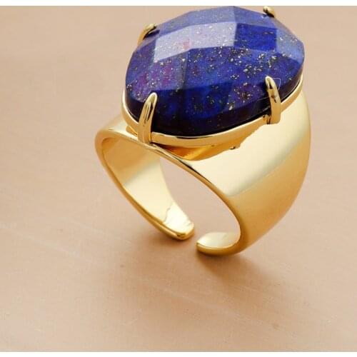 Big Stone Rings High Quality Jewelry New Fashion Gold Color Lapis Lazuli Luxury Party Ring Size 7