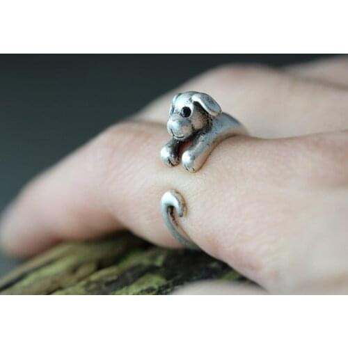 Puppy Ring Womens Girls Retro Burnished Animal cute Dog Ring Wrap Ring charm lovely Black Crystal gift jewelry