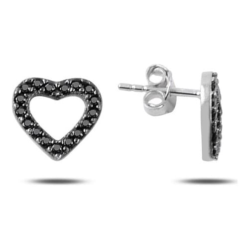 KUTAYDAN Black Zircon Stone Heart Earrings 925 Sterling Silver