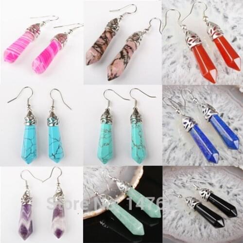 HOT Lapis lazuli Howlite Stone Pink Quartz Black Onyx Opal Malachite Rhodonite Hexagon Faceted Hook Dangle Earrings 1Pair