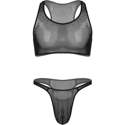 Sissy Men Two-piece Lingerie Suit Swimwear Sleeveless See-through Mesh Cropped Tank Top with Low Waist Thongs Briefs Exotic Sets