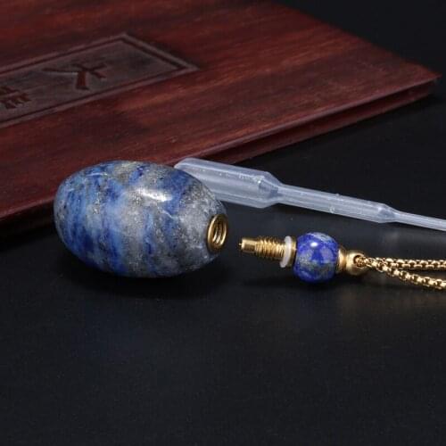Natural deep blue lapis lazuli stone bead empty bottle perfume essential oil container pendant charm necklace for women man