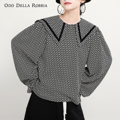 OddDellaRobbia Autumn Women Japanese Style Kawaii Fashion Casual Doll Collar Shirt Loose Long-Sleeved Rhombus Pullover Top 1643